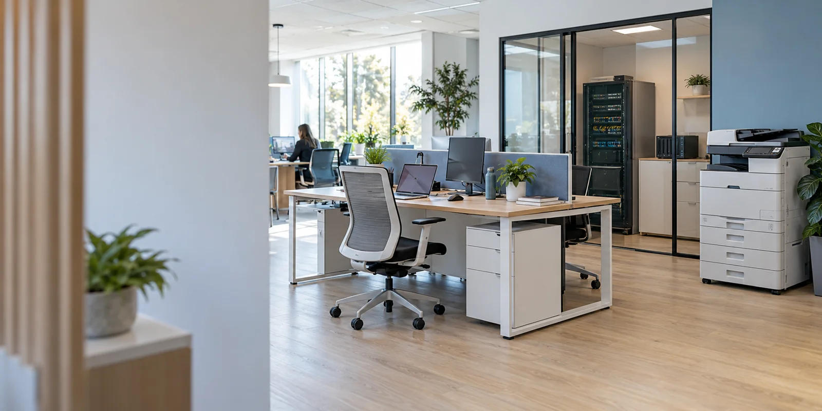 Illustration d’un bureau contemporain réunissant mobilier, ordinateurs, copieur et infrastructure informatique