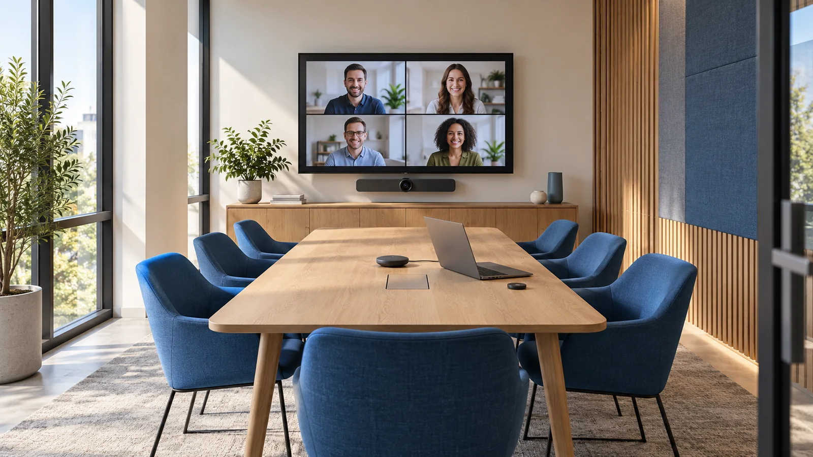 Illustration d’une salle de réunion équipée pour la visioconférence et le partage de présentation